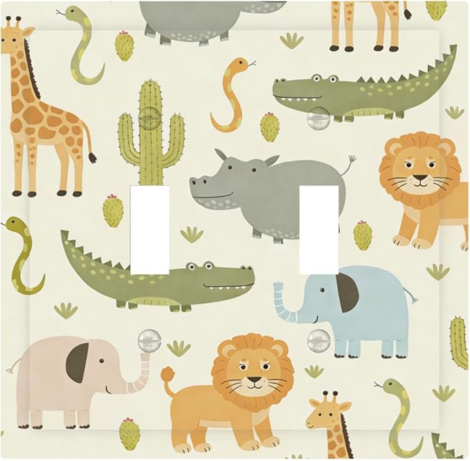 African Safari Animals Double Toggle Switch Cover - 2-Gang Standard US Size Cute Hippo Crocodile Lion Elephant And Giraffe Funny Wildlife Light Switch Covers for Boys & Girls Room Decor