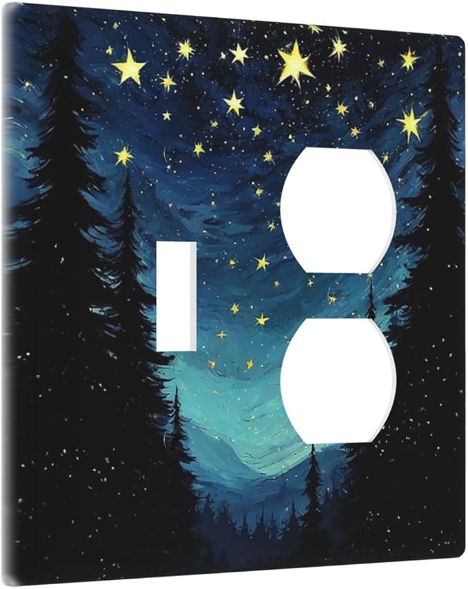 Wallplates Blue Starry Sky Forest Painted Star Pine Tree Oil Painting 1 Toggle 1 Duplex Switch Plate Electrical GFCI Faceplate Decorative Light Switch Covers for Bedroom Cabin Decor