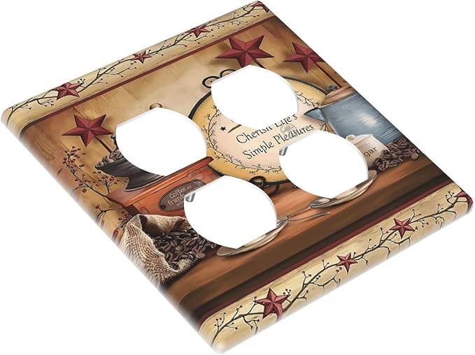 Kitchen Coffee Beans Cafe Country Cottage Lodge Hotel Life Texas Star Dining 2-Gang Device Duplex Wall Plate, Decorative Two Gang Double Duplex Receptacle Socket Outlet and Light Switch Cover Plate
