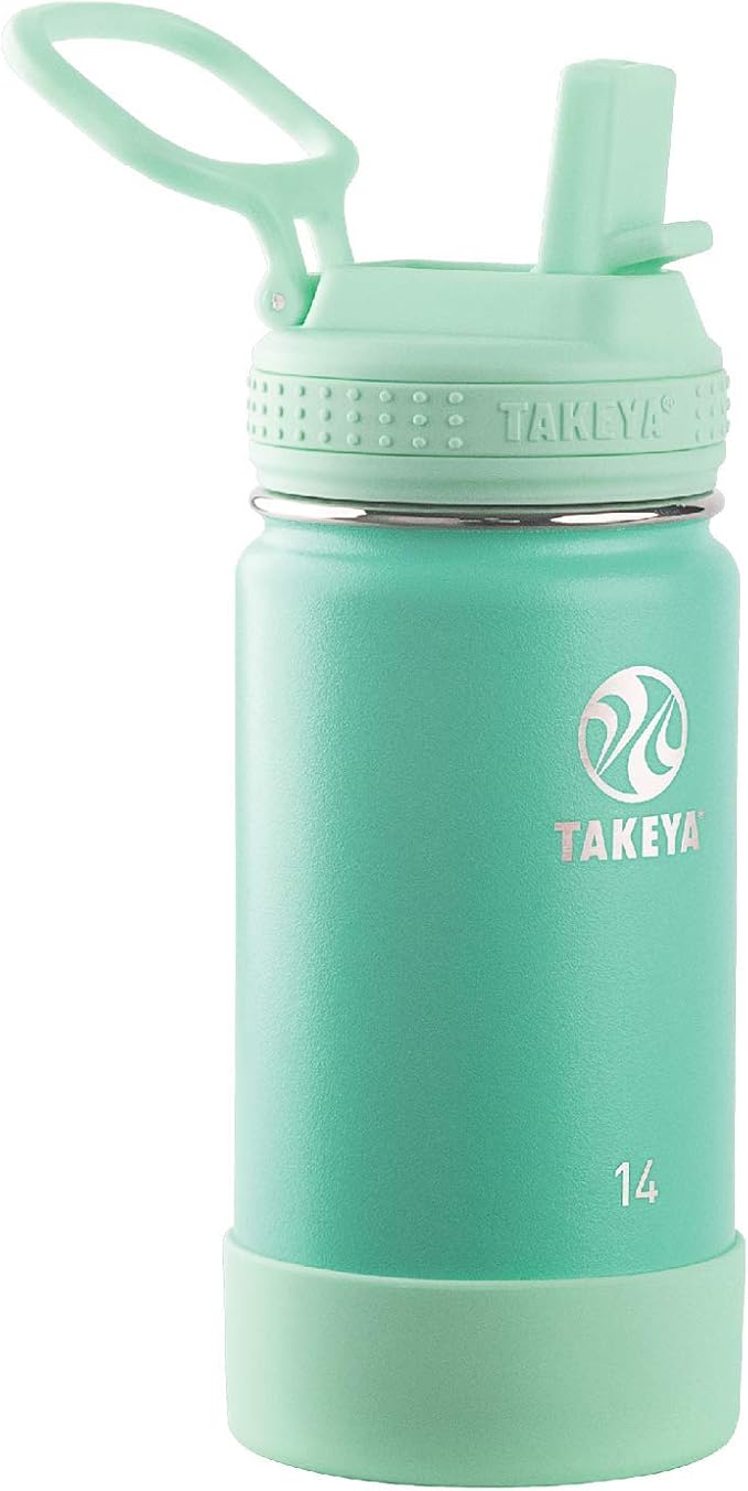 Takeya Actives Kids Water Bottle 14 oz Stainless Steel Double Wall Insulation BPA-Free Leakproof Straw Lid Easy Carry Handle Reusable Ideal for Boys and Girls, School, Sports - Seafoam