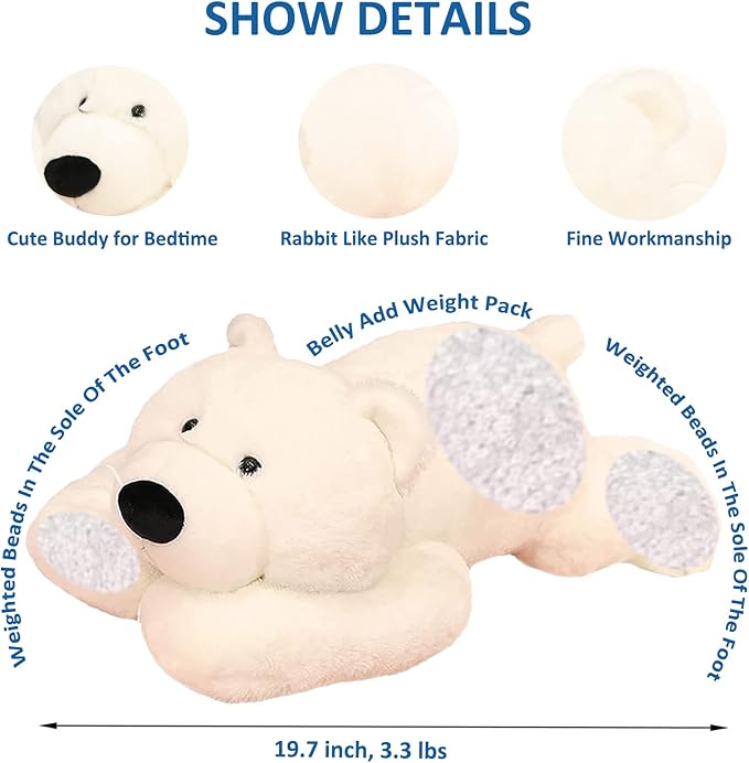 Weighted Stuffed Animals, 19.7" 3.3lbs Weighted Bear Stuffed Animal Toy Cute White Bear Plush Pillow Weighted Plush Animals Toy