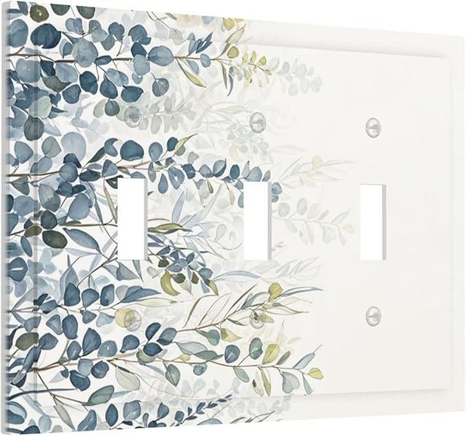 Decorative Switch Plate Cover with Green & Blue Watercolor Eucalyptus Botanical Foliage Design 3 Gang Artistic Wall Plate Unique Triple Toggle Light Switch Covers for Living Room Decor