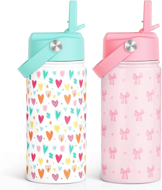 SANDJEST Kid Water Bottle 12oz with Straw Lid - 2-Pack Insulated Stainless Steel Water Bottles for Kids Girls - Travel Cup for School Sports, Bow & Heart