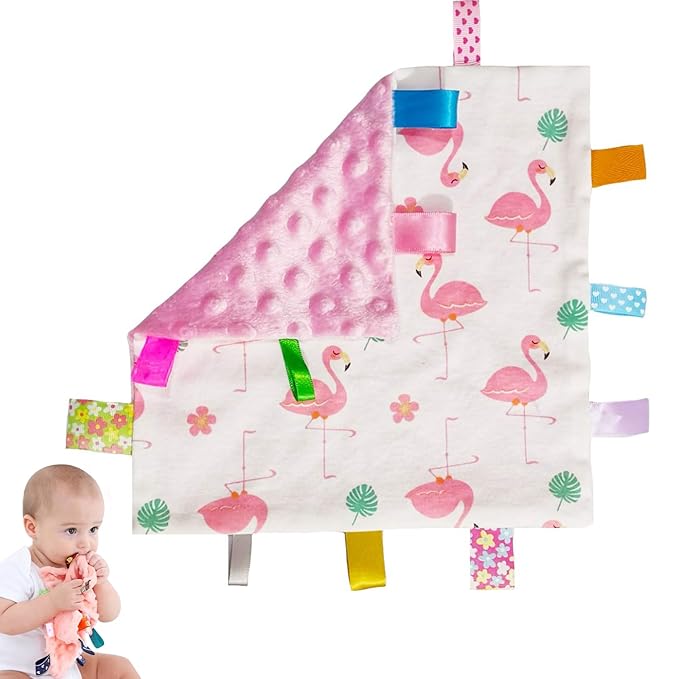 Soft Baby Security Blankets for Girls with Textured Ribbon Tags Baby Soothing Towel Lovey Taggy Sensory Blanket for Newborn Infant Toddler Gift Pink