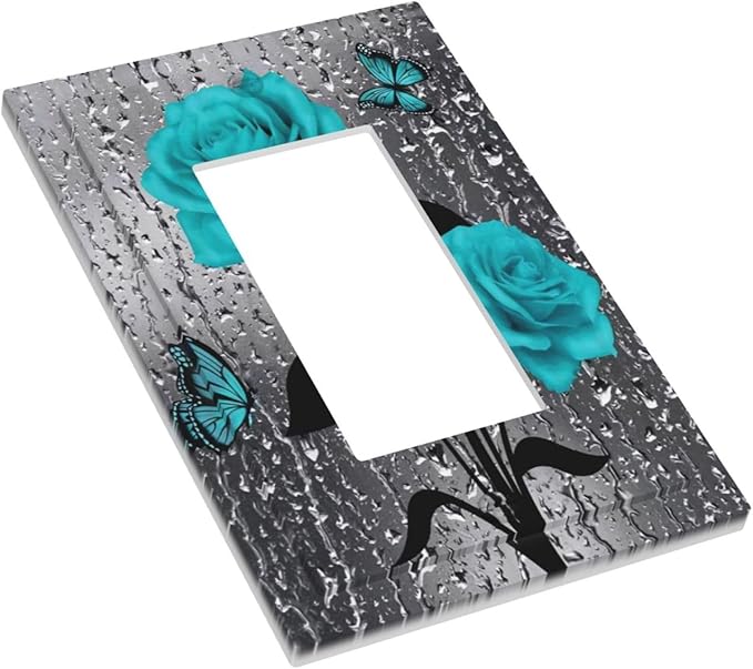 Romantic Aqua Teal Blue Raindrop Floral Rose Flower 1 Gang Single Decorator/Rocker Light Switch GFCI Wall Plate Women Lady Girl Lovely Electrical Device Receptacle Face Plug Outlet Cover for Dimmers