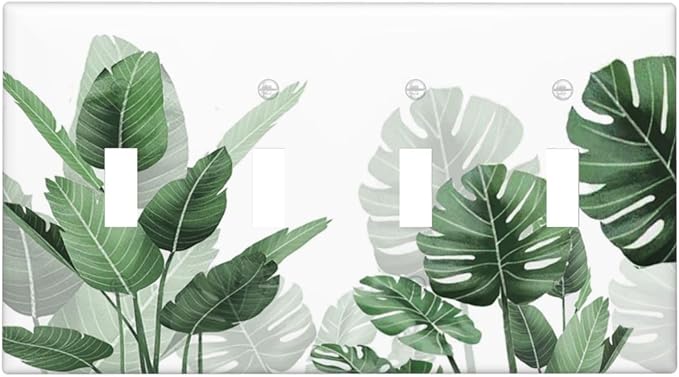 Light Switch Covers Boho Tropical Plant Natural Palm Leaf Quad Toggle Electrical Faceplate 4 Gang Wall Plate Decorative Switch Plates For Bed Room Living Room Decor