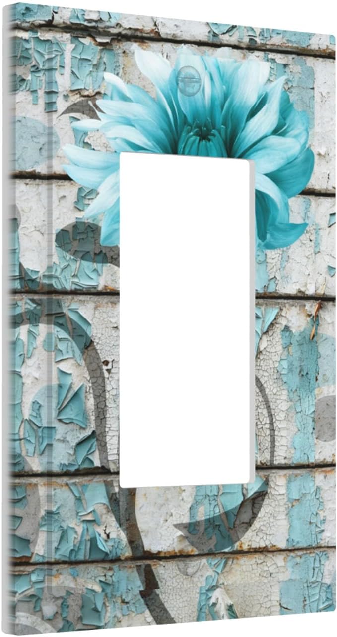Vintage Floral Single Rocker Switch Cover - 1-Gang Standard US Size Rustic Farmhouse Teal Flower Distressed Brick Light Switch Covers for Bedroom Bathroom Decor