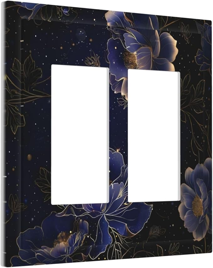 Navy Blue Floral Vintage Flower Dark Watercolor Decorative Outlet Covers 2 Gang Double GFCI Rocker Electrical Wall Panels Light Switch Cover Plate for Bedroom Living Room Decor