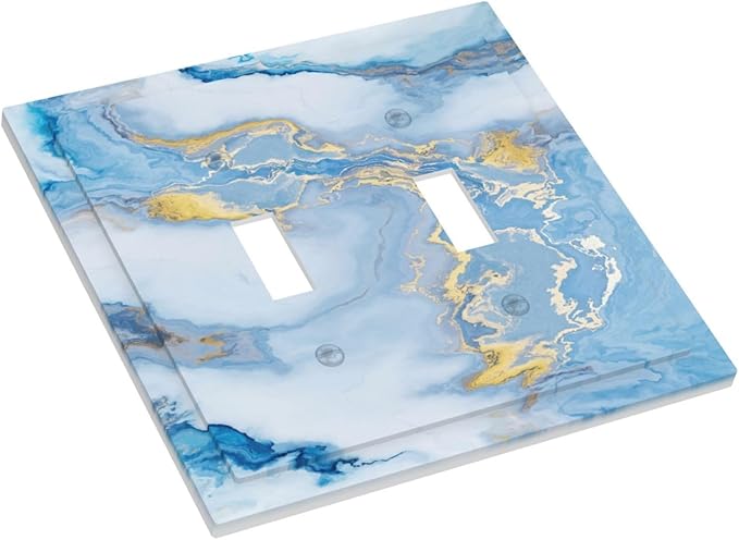 Beautiful Marble Texture Blue Gold Fluid Abstract Print Decorative Switch Plates 2 Gang Double Toggle Outlet Light Switch Cover Wall Plate Electrical Faceplate for Bedroom Bathroom Decor