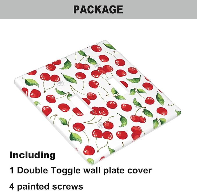 Cherry Fruits 2 Gang Wall Plate Red Cherries with Green Leaves Double Toggle Light Switch Cover Electrical Switchplate Decorative Faceplate Standard Size Home Decor
