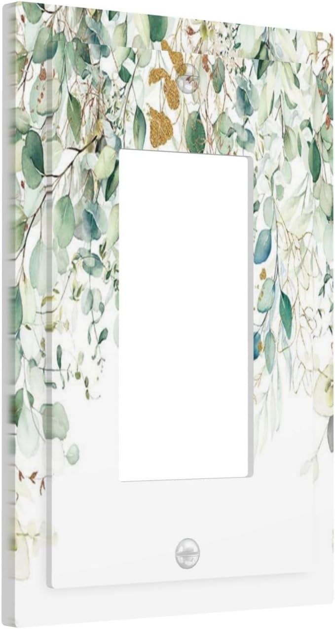 Gold Green Eucalyptus Leaves Plants Flowers Floral Decorative Outlet Covers 1 Gang Single Rocker Light Switch Cover Plate Wall Plates GFCI Faceplate for Bedroom Living Room Decor