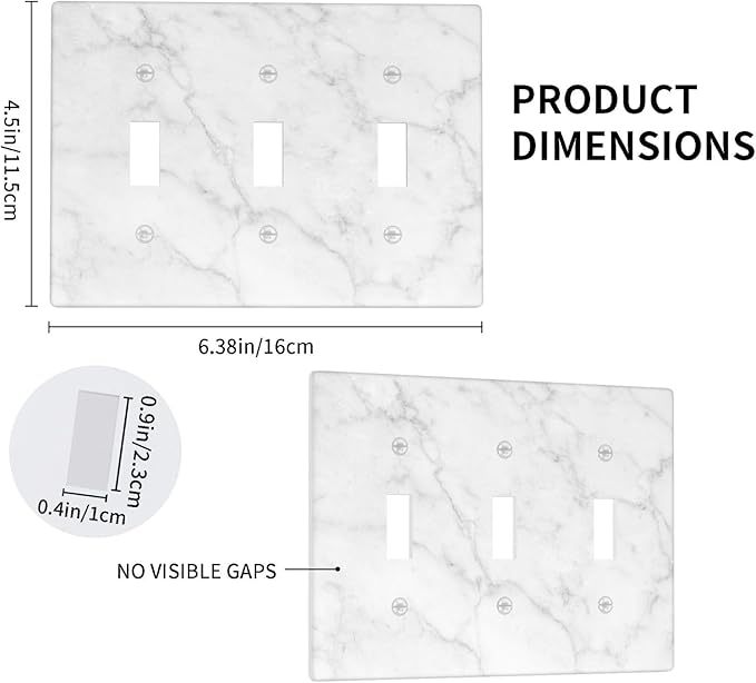 Faux White Marble Printed Light Switch Cover Plates Decorative Triple Toggle Wall Plate, 3 Gang Lightswitch Cover