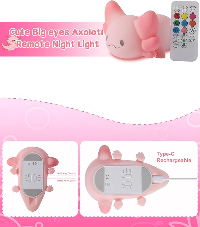 ZKLiLi Night Light for Kids Lamp, 16 Colors Lamp Cute, Dimmable Baby Night Lights for Nursery,Silicone Rechargeable Nightlight for Kids Room, Kawaii Room Decor (Axolotl-Remote)