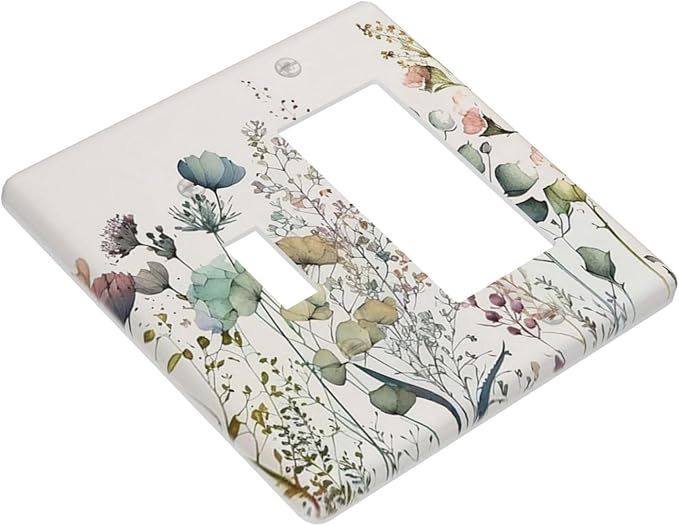 Tan/Beige Rustic Spring Blue Flower 2 Gang Combination Single Toggle/Decorator Wall Plate Boho Floral Border Bouquet Combo 1-Toggle 1-GFCI/Rocker Outlet Light Switch Dimmer Receptacle Faceplate Cover