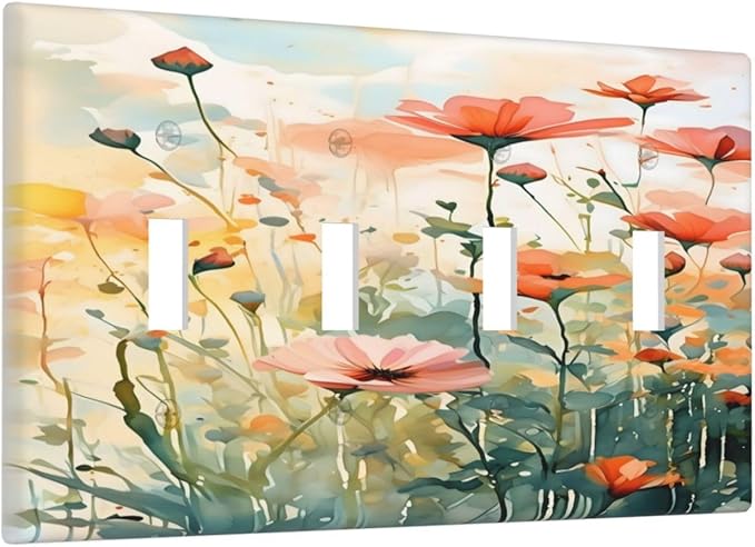 Vintage Red Orange Yellow Poppy Floral Flowers Light Switch Covers Quad Toggle Electrical Faceplate 4 Gang Wall Plate Decorative Switch Plates Cover for Bedroom Living Room Decor