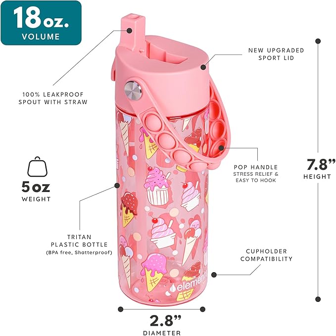 Elemental Water Bottles for Kids - Splash Kids Water Bottle for School with Pop-it Handle - BPA Free Tritan Plastic Water Bottle with Straw Leak Proof when Spout is Closed - Ice Cream - 18oz