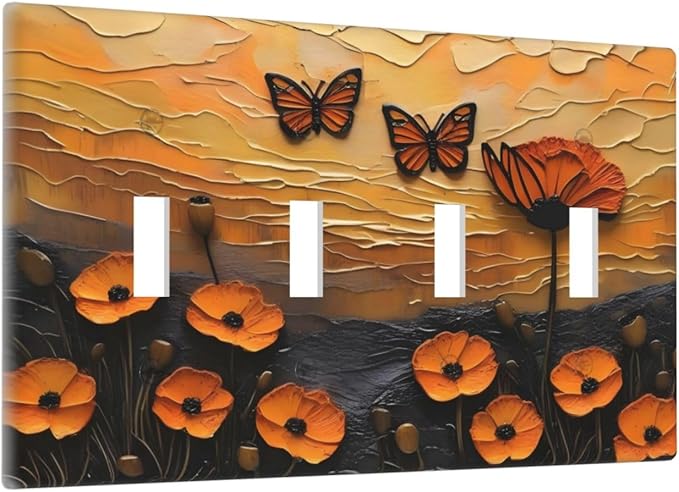 Oil Painting Flower Sunset Butterfly Vintage Rustic Floral Light Switch Covers Quad Toggle Electrical Faceplate 4 Gang Wall Plate Decorative Switch Plates Cover for Bedroom Living Room Decor