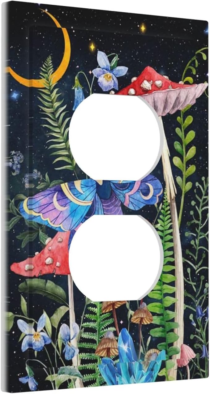 1 Gang Duplex Receptacle Outlet Cover Gothic Boho Hippie Butterfly Mushroom Plants Starry Moon Night Stars Botanical Moth Electrical Wall Plate One Gang Dual Device Light Switch Faceplate Socket Cover