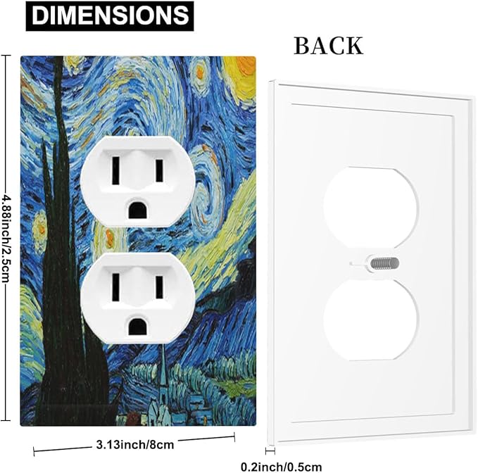 Van Gogh The Starry Night Duplex Wall Plate - 1-Gang Standard US Size Post-Impressionist Masterpiece Outlet Covers, Swirling Night Sky for Living Room Decor