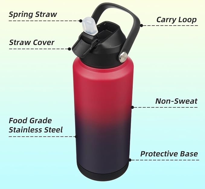 Konokyo Insulated Water Bottle with Straw Lid,32 oz Stainless Steel Vacuum Metal Bottle with Silicone Handle,Rosy Red