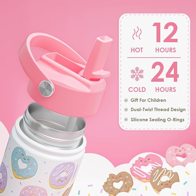 SANDJEST Donut Kids Water Bottle With Straw Lid 12oz Insulated Stainless Steel, Sprinkle Travel Tumbler, Gifts for Girls, Birthday, Christmas, Back To School