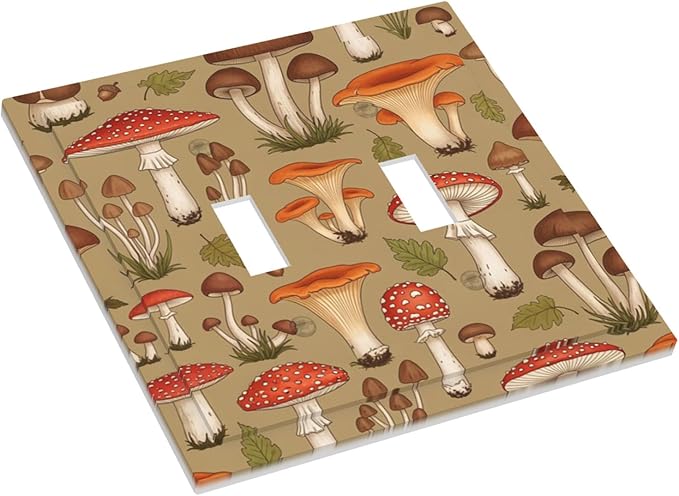 Whimsical Mycology Double Toggle Switch Cover - 2-Gang Standard US Size Vintage Mushroom Light Switch Covers, Woodland Medley for Farmhouse Home Decor