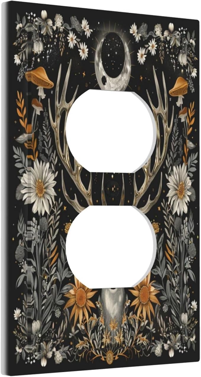 Decorative Outlet Covers Vintage Deer Flowers Moon Natural Plants Floral 1 Gang Duplex Light Switch Cover Plate Electrical Switch plates Wall Plates Receptacle Covers for Bathroom Bedroom