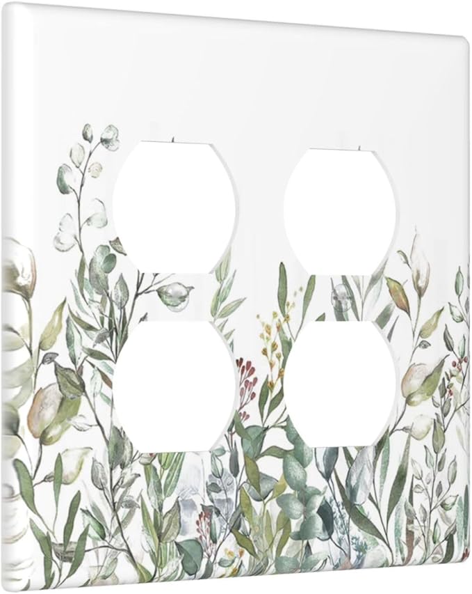 Wildflower Garden Rustic Green Leaf Floral Outlet Covers 2 Gang Double Duplex Decorative Light Switch Covers Electrical Wallplates Socket Faceplate for Bed Room Living Room Decor