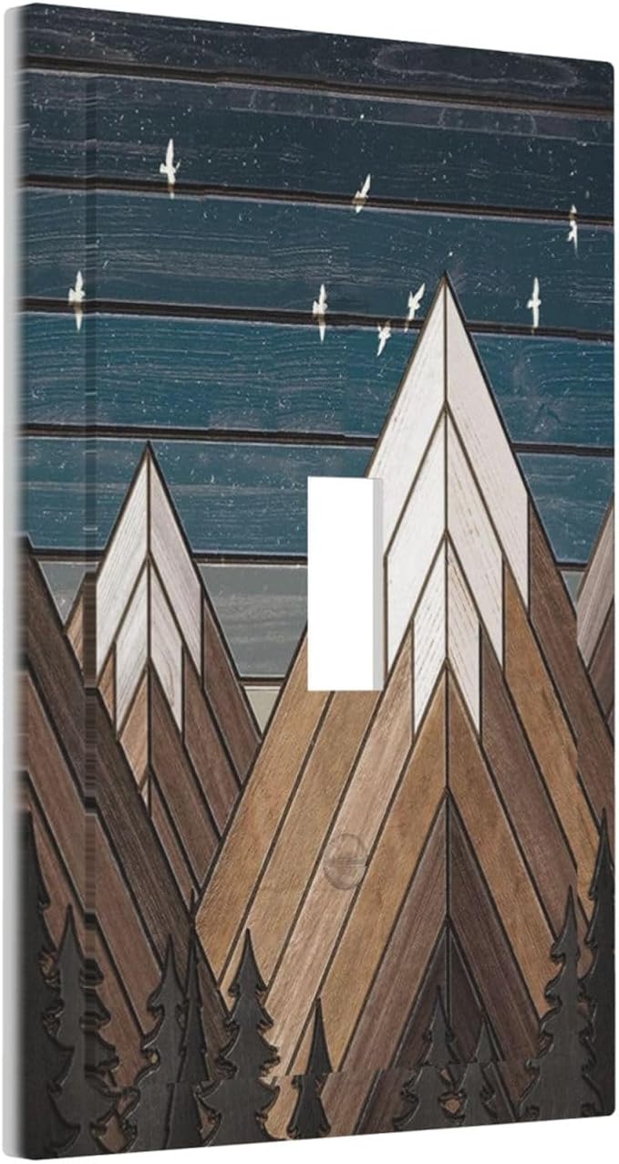 Rustic Geometric Mountain Wilderness Wood Light Switch Plate Cover 1 Gang Single Toggle Wall Plates Art Decorative Switchplate Outlet Covers Electrical Faceplate for Bedroom Bathroom Kitchen Decor