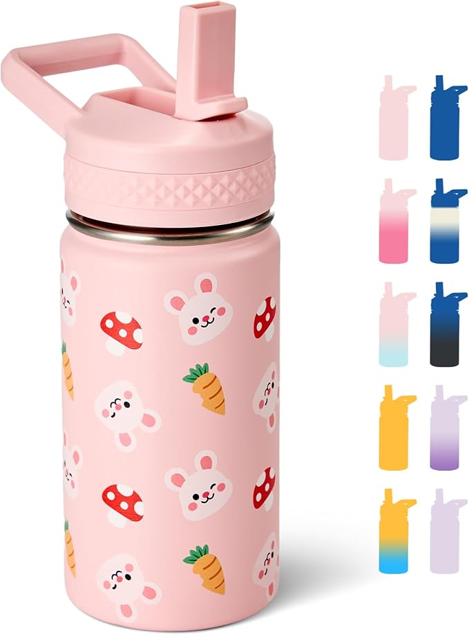 Fijinhom 12 oz Kids Water Bottle, Toddler Water Bottle with Straw, Boys&Girls Bottle for School, 304 Stainless Steel Vacuum Insulated Bottle for Kids, BPA-Free, Leak-Proof, Rabbit