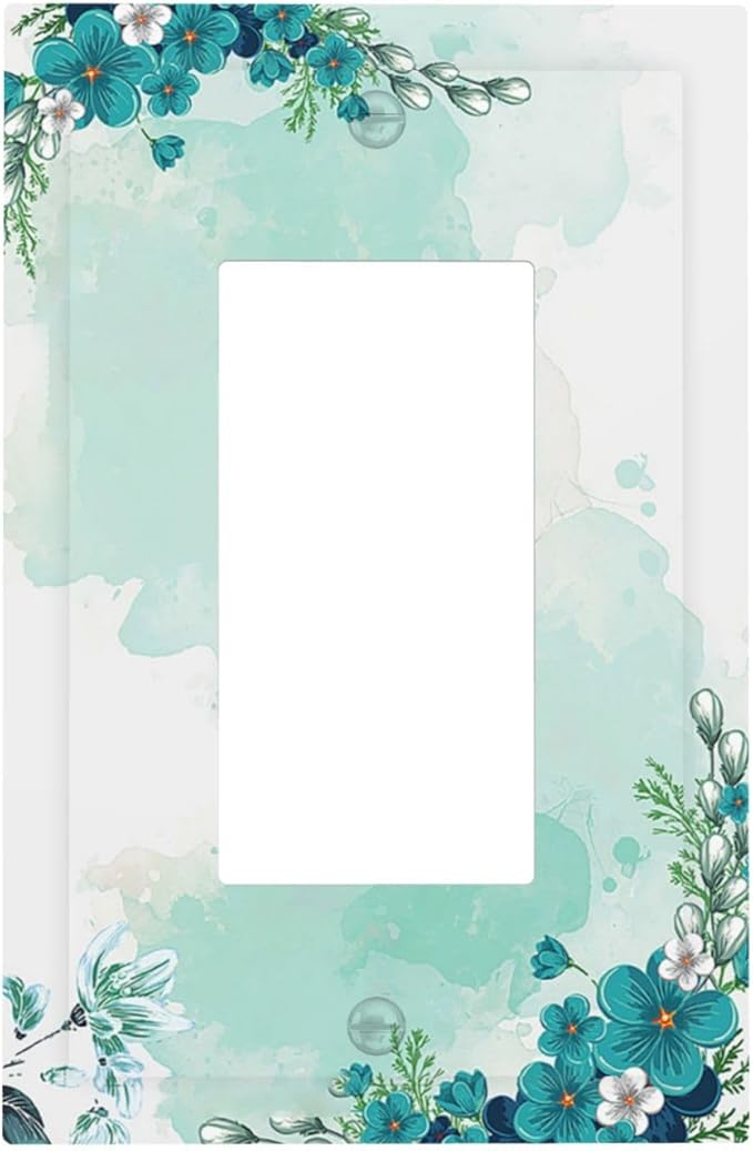 Decorative Outlet Covers Blue Green Flowers Light Green Watercolor Patterns 1 Gang Single Rocker Light Switch Cover Plate Wall Plates GFCI Faceplate for Bedroom Home Decor