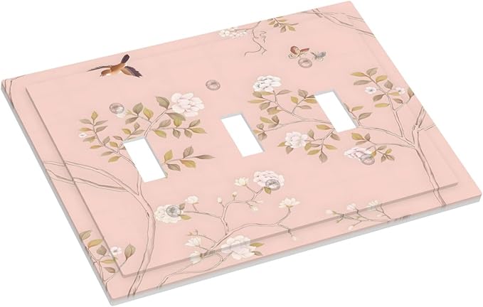 Pink Background Flowers Bird Butterflies Floral Decorative Switch Plates 3 Gang Wall Plate Triple Toggle Light Switch Cover Faceplate Electrical Wall Panels for Bedroom Living Room Decor