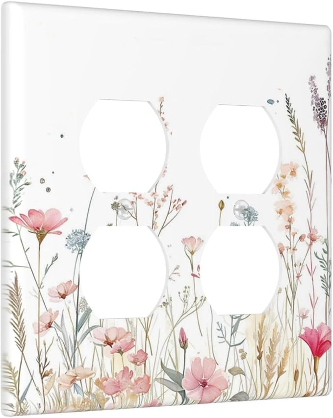 Watercolor Wildflower Pink Flower Plant Floral Outlet Covers 2 Gang Double Duplex Decorative Light Switch Covers Electrical Wallplates Socket Faceplate for Bedroom Living Room Decor