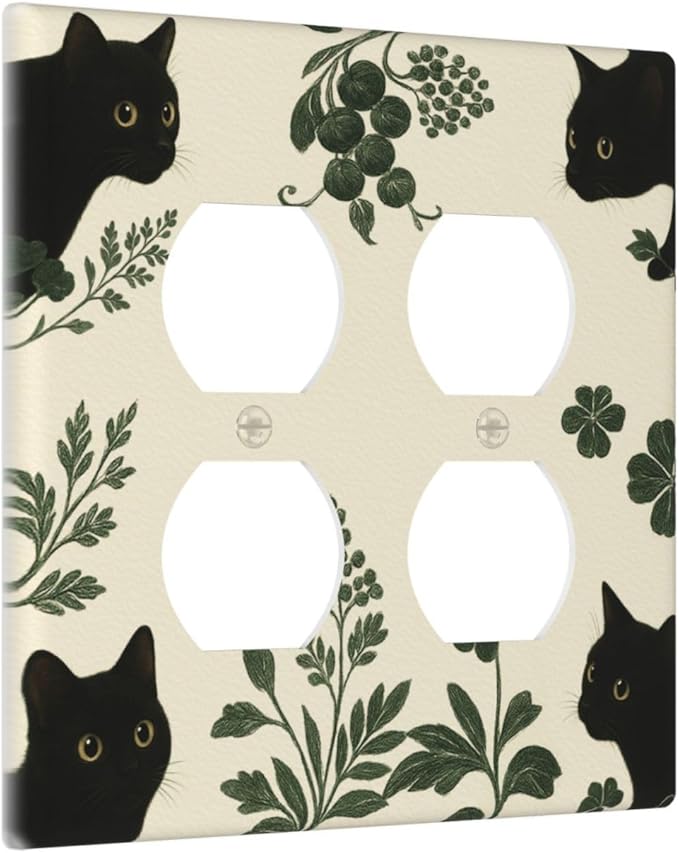 Decorative Outlet Covers Funny Black Cat Green Leaf 2 Gang Light Switch Cover Plate Double Duplex Wall Plates for Electrical Outlets Switch Plate Covers for Bedroom Home Decor
