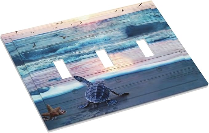 Nautical Ocean Teal Blue Beach Turtle Sea Life Coastal Starfish Sunset Triple Toggle Decorator Outlet Light Switch Wall Plate Cover Decorative 3 Gang Jumbo Size Three Device Receptacle Faceplate Cover