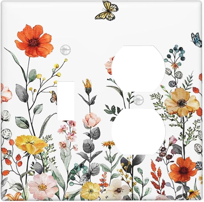 Colored Vintage Floral Colorful Butterfly Wild Flowers 2-Gang 1-Toggle 1-Duplex Device Combination Wallplate Summer Garden One Toggle Switch and One Duplex Receptacle Outlet Combo Light Switch Cover