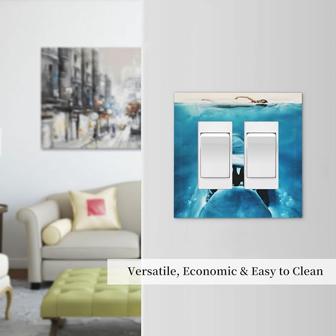 Swimming Woman Funny Shark Blue Ocean Decorative Outlet Covers 2 Gang Double GFCI Rocker Electrical Wall Panels Light Switch Cover Plate for Kids Room Bedroom Decor