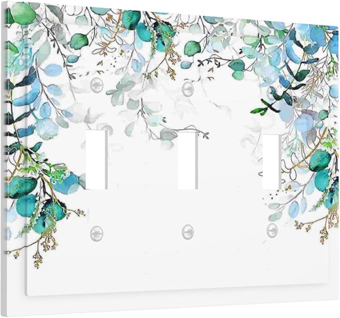 Decorative Light Switch Plate Covers Bohemian Green Eucalyptus Leaf Pine Leaves 3 Gang Wall Plate Switch Cover Plate Triple Toggle Jumbo Electrical Faceplate for Bedroom Home Decor