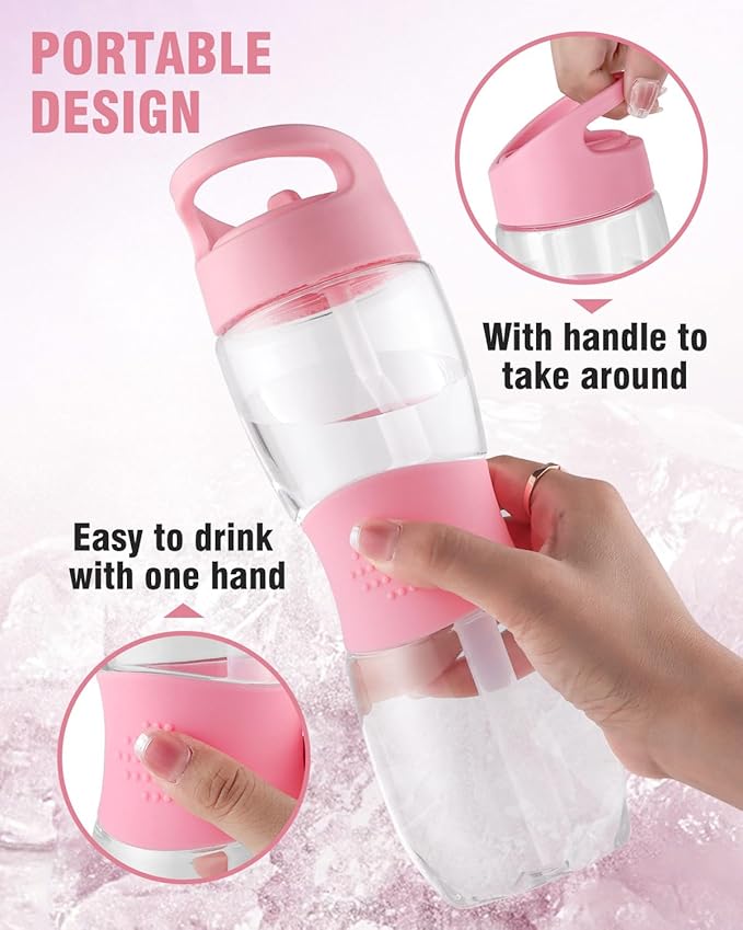 Sivaphe Clear Water Bottle with Straw 18 oz Portable Tritan Transparent Sports Drinking Bottle for School Girls Pink