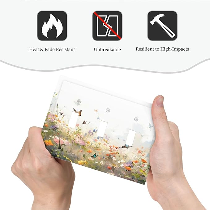 Wildflowers Watercolor Floral Colorful Butterfly Decorative Switch Plates 3 Gang Wall Plate Triple Toggle Light Switch Cover Faceplate Electrical Wall Panels for Farmhouse Bed Room Decor
