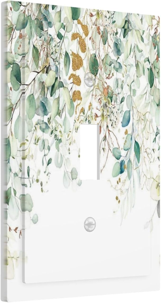 Gold Green Eucalyptus Leaves Plants Flowers Floral Decorative Light Switch Cover 1 Gang Single Toggle Device Electrical Faceplate Switchplates Decorator Outlet Wall Plate for Bedroom Living Room Decor