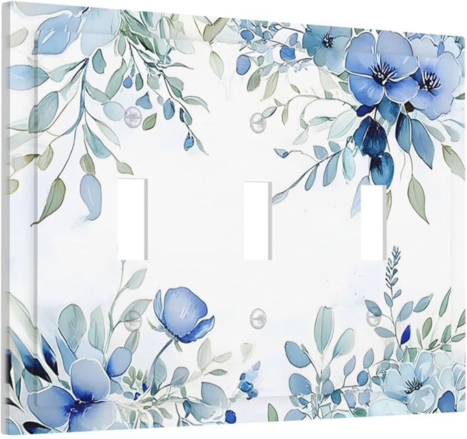 Watercolor Blue Flower Plant Floral Green Leaves Decorative Switch Plates 3 Gang Wall Plate Triple Toggle Light Switch Cover Faceplate Electrical Wall Panels for Bedroom Living Room Decor