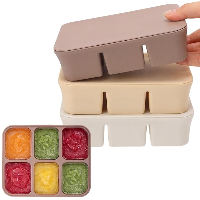 Mimorou 3 Pack Baby Food Freezer Tray with Lids 2.8 oz x 12 Cups Silicone Baby Food Storage Container Ice Cube Freezer Molds for Homemade Vegetable Fruit Purees Snack(6 Cups,White, Yellow, Brown)