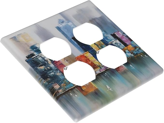 Colorful Nyc Skyline Textured Modern Abstract Outlet Covers 2 Gang Double Duplex Decorative Light Switch Covers Electrical Wallplates Socket Faceplate for Bedroom Living Room Decor