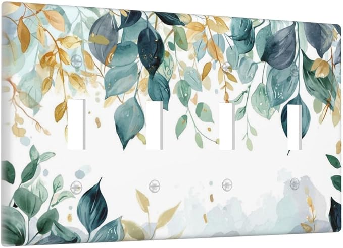 Boho Goldgreen Leaf Botanical Eucalyptus Leaves Light Switch Covers Quad Toggle Electrical Faceplate 4 Gang Wall Plate Decorative Switch Plates for Bedroom Living Room Decor