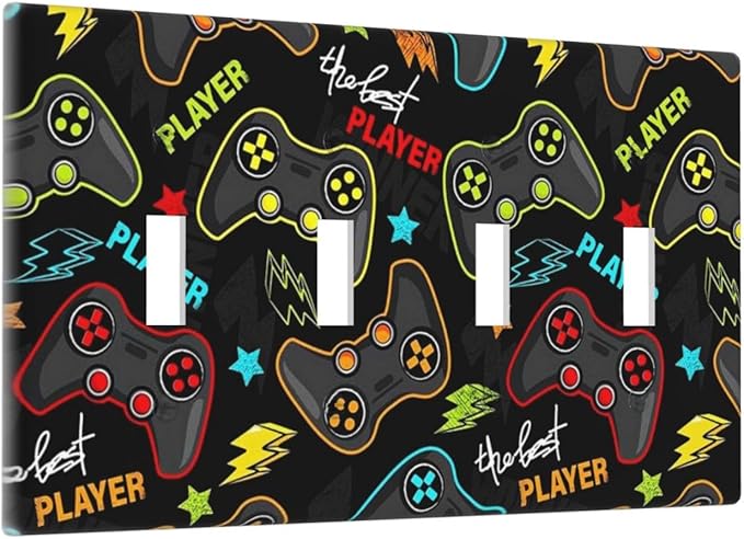 Kid Boys Gamer Gaming Game 4 Gang Device Light Switch Cover Decorative Quad Toggle Wall Plate Decorative Electrical Faceplate for Home Bedroom Art Decorate