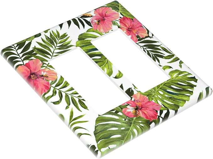 Tropical Plant Green Palm 2 Gang Double Rocker/Decora Light Switch Cover Decorative Wallplate Banana Leaves Pink Flower Rainfores Jungle Botanical Gfci Electrical Faceplate Home Bedroom Art Decor