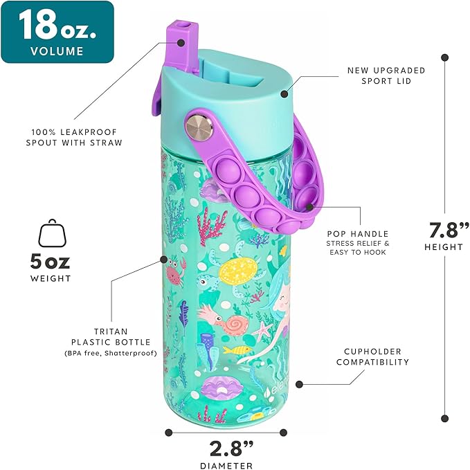 Elemental Water Bottles for Kids - Splash Kids Water Bottle for School with Pop-it Handle - BPA Free Tritan Plastic Water Bottle with Straw Leak Proof when Spout is Closed -Mermaid - 18oz