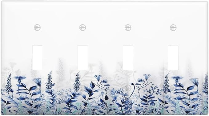 Decorative Light Switch Cover Plate Rustic Blue Plants Wildflowers Boho Leaves 4 Gang Wall Plate Switch Plate Covers Quad Toggle Jumbo Electrical Faceplate for Country Bedroom Decor