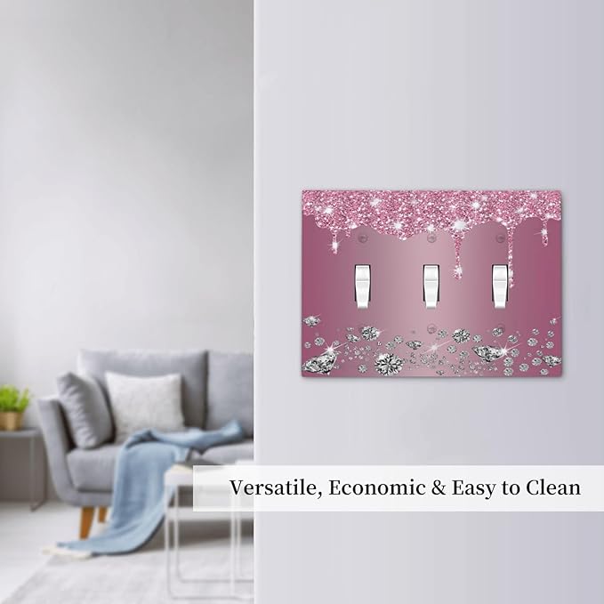 Sparkling Diamonds Pink Silver Glitter Drops Print 3 Gang Light Switch Covers Decorative Unique Triple Toggle Wall Plate Electrical Faceplate Switchplate for Bathroom Bedroom Home Decor